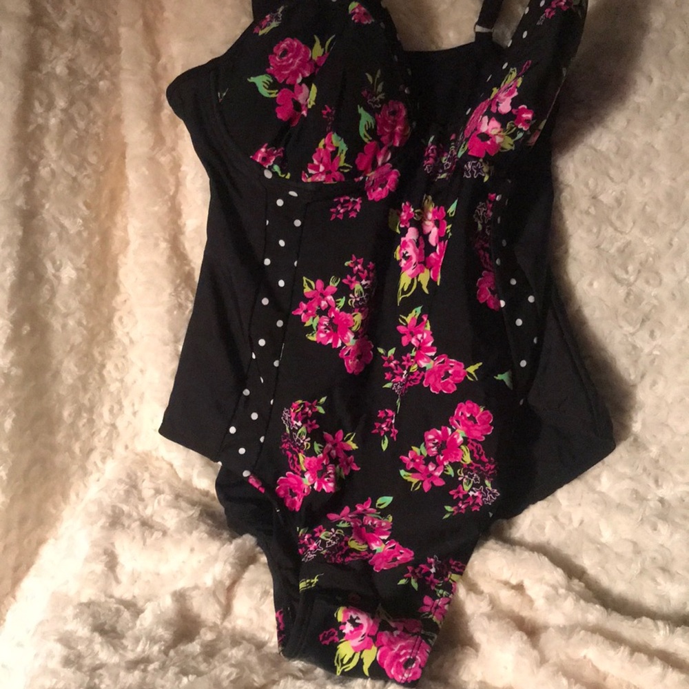 Black floral polka dot bathing suit.